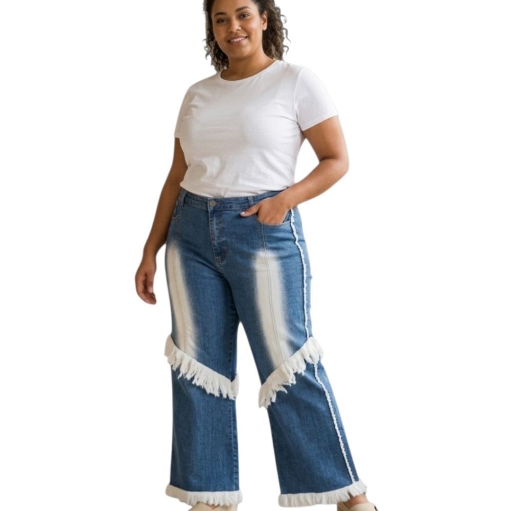 Crest  Y2K Flare Jeans The Collection 19/20 RARE Funky Fur Fringe Trim Stretch